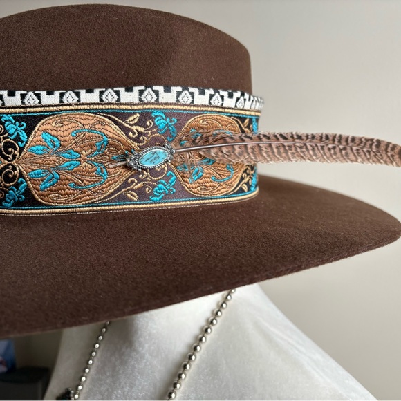 Brown Hat with Feather Accent - Picture 3 of 10